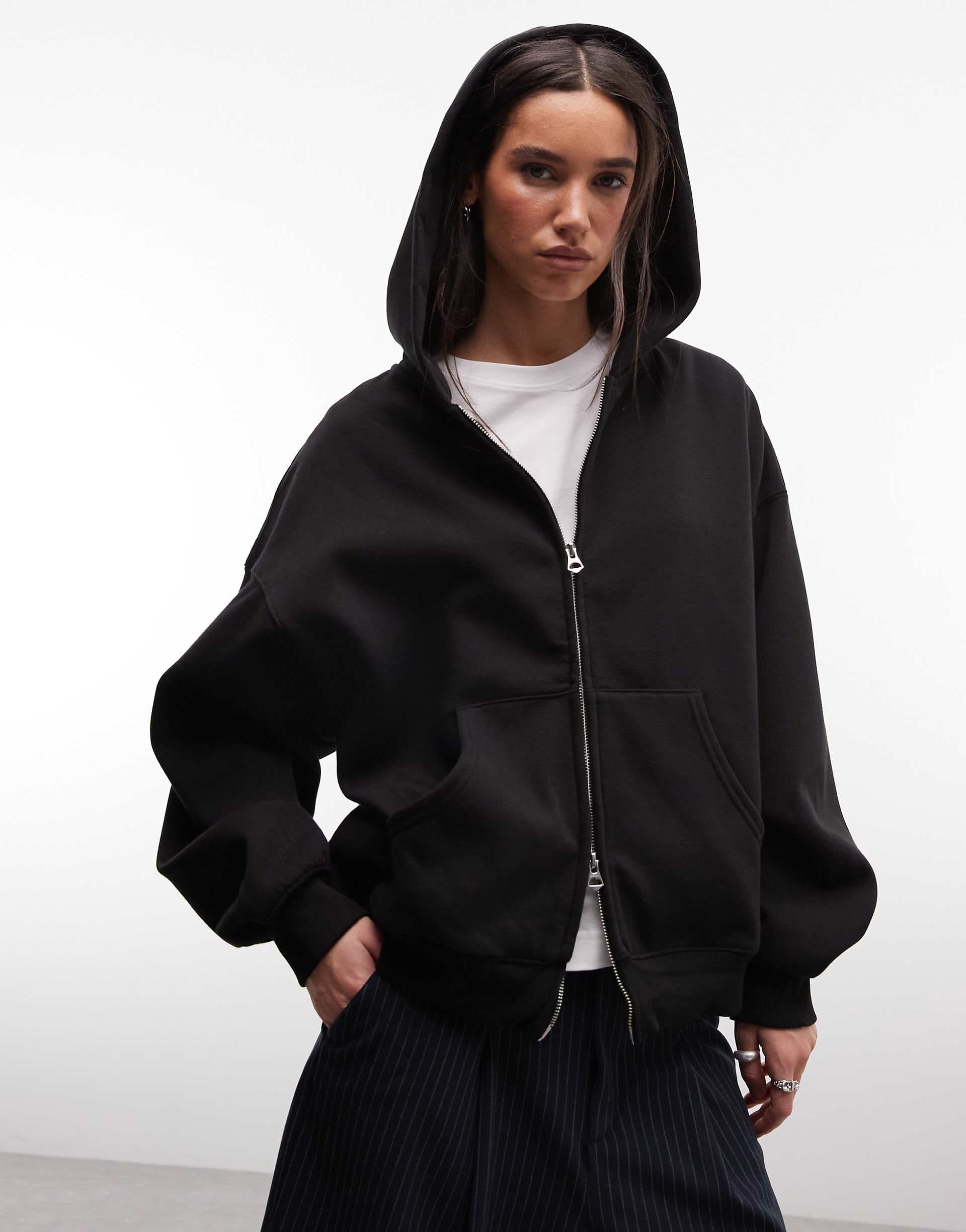 Weekday oversized heavyweight jersey zip through hoodie in black