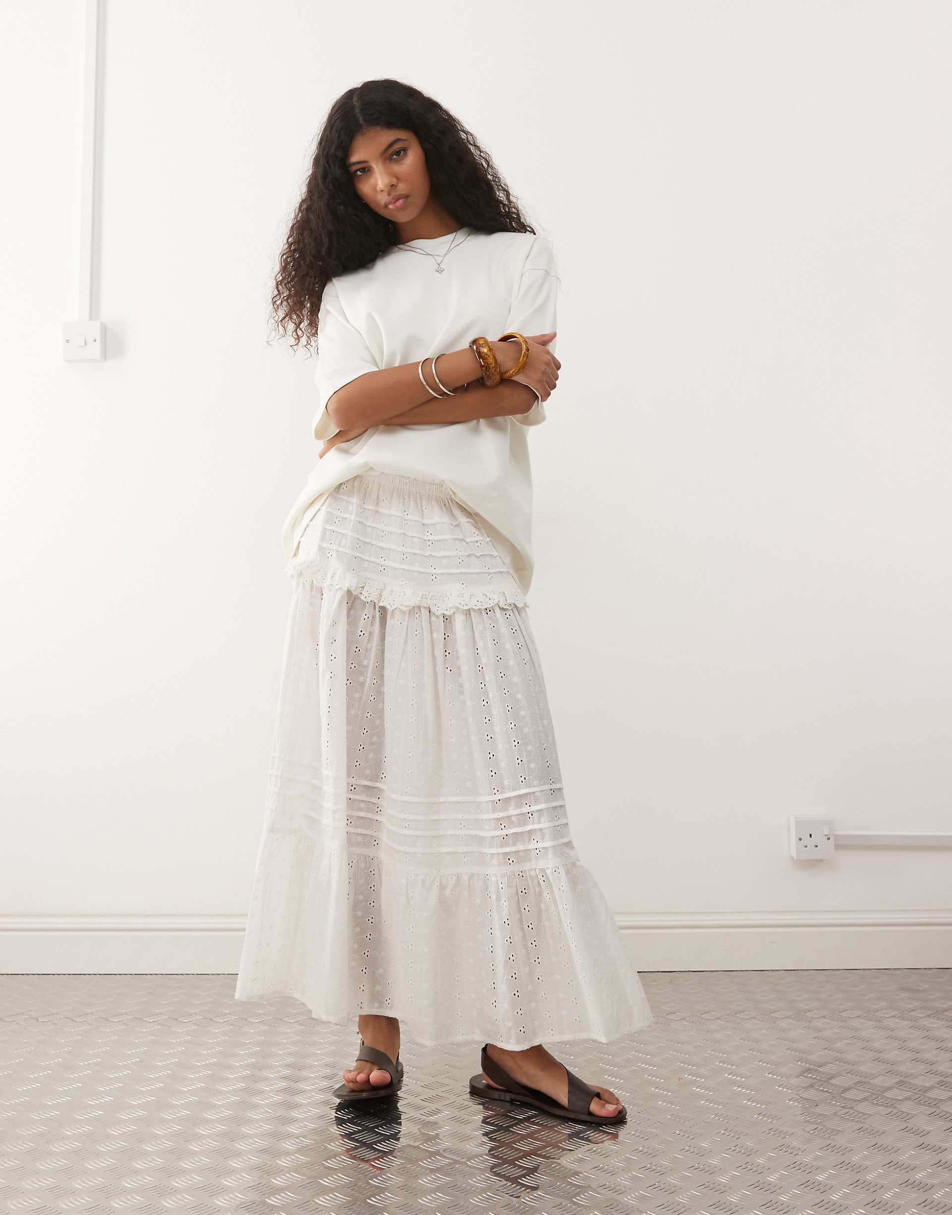 Reclaimed Vintage pull on midi skirt in white eyelet