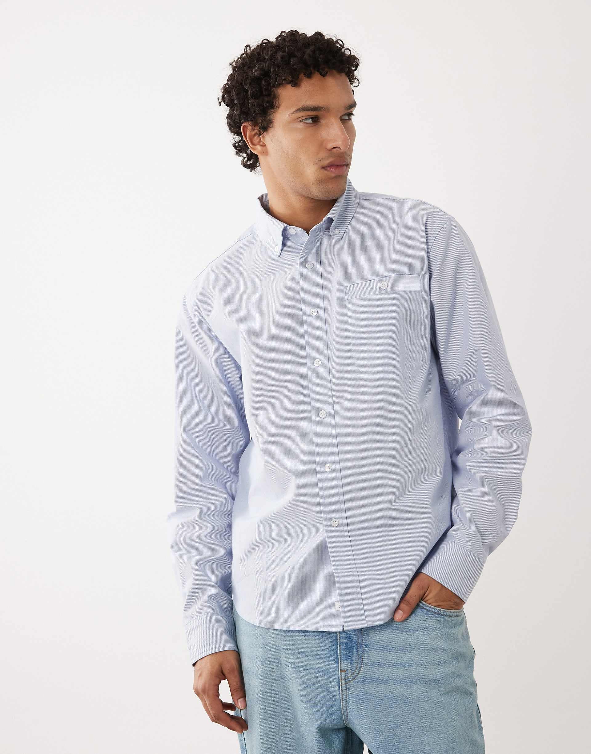 Farah Archive Cristo long sleeve striped box logo shirt in blue