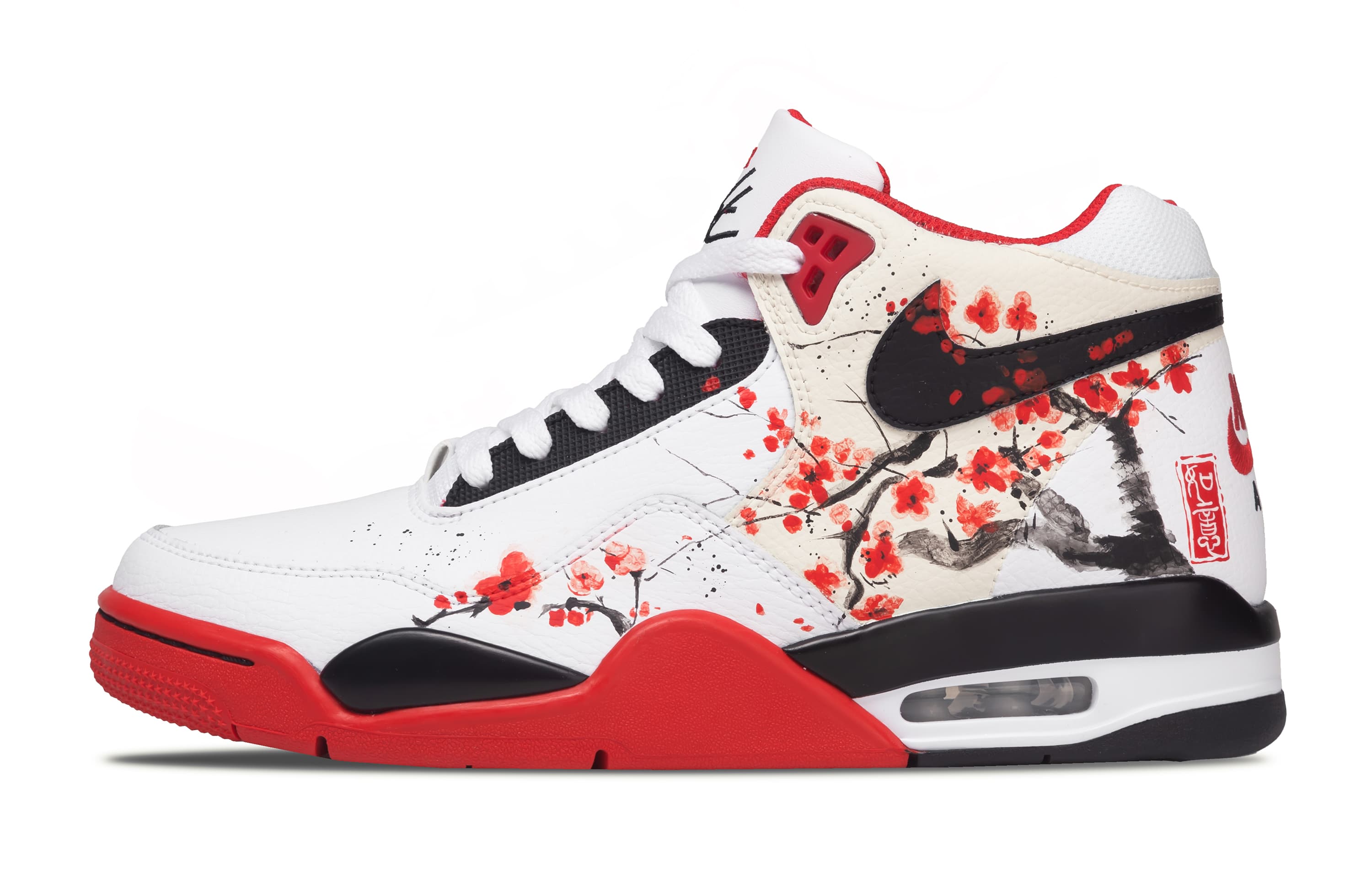 Custom Sneakers Nike Flight Legacy 'Plum Blossom Wealth' Cushioned Wear-Resistant Springy Mid-Top Retro Basketball Shoes Unisex Red White Black