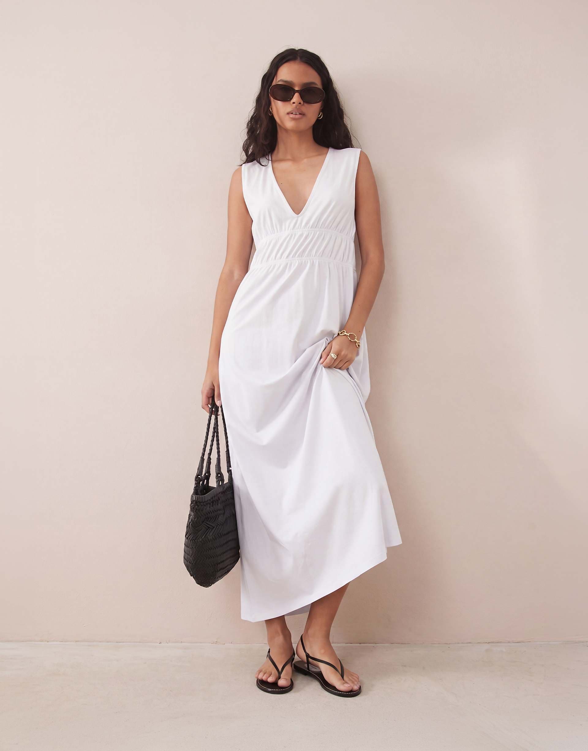 ASOS DESIGN ruched bodice plunge maxi dress in white
