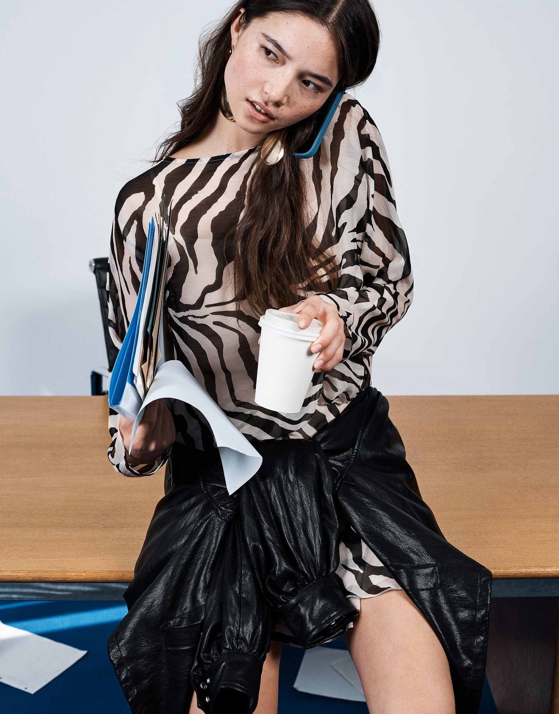 ASOS DESIGN chiffon slash neck long sleeve blouson mini dress in zebra print