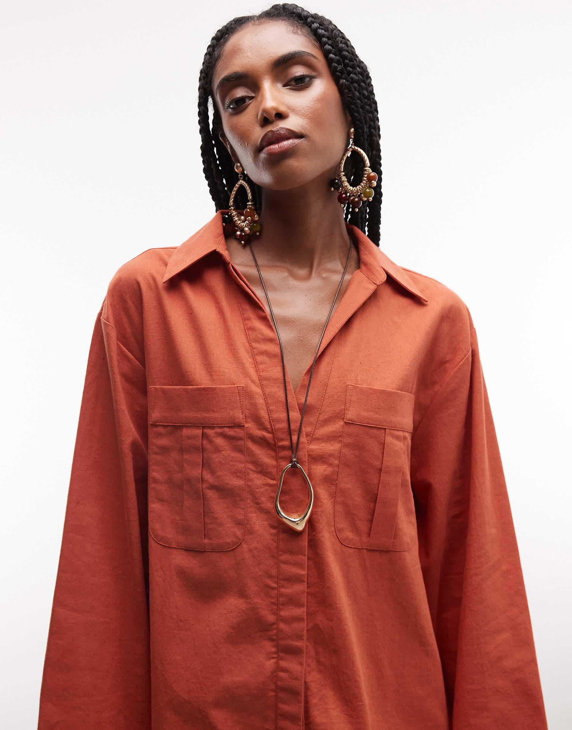 ASOS DESIGN cotton linen mini shirt dress with wide cuffs and oversized pockets in rust