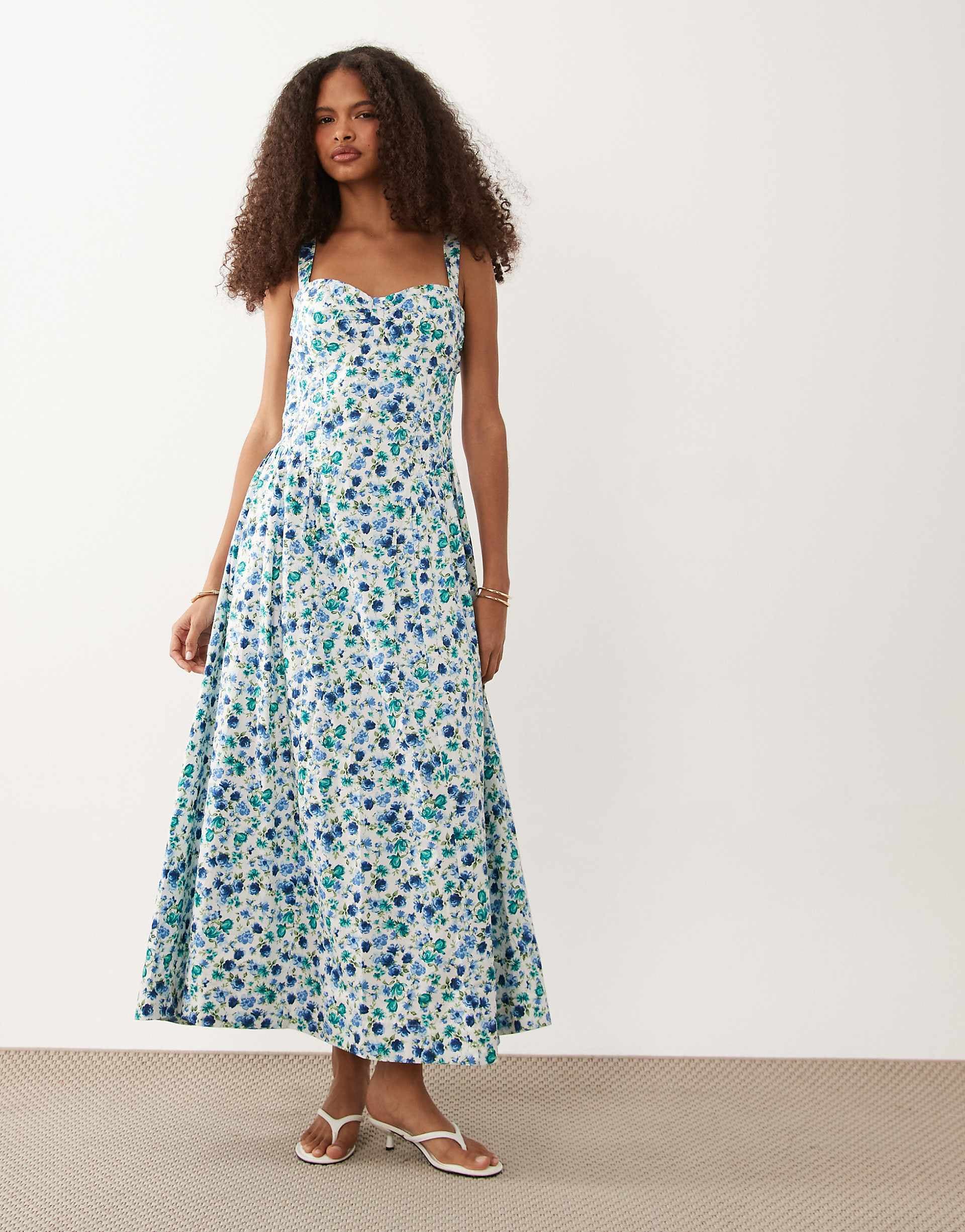 Abercrombie & Fitch corset detail maxi dress with bulit in bra in blue floral print