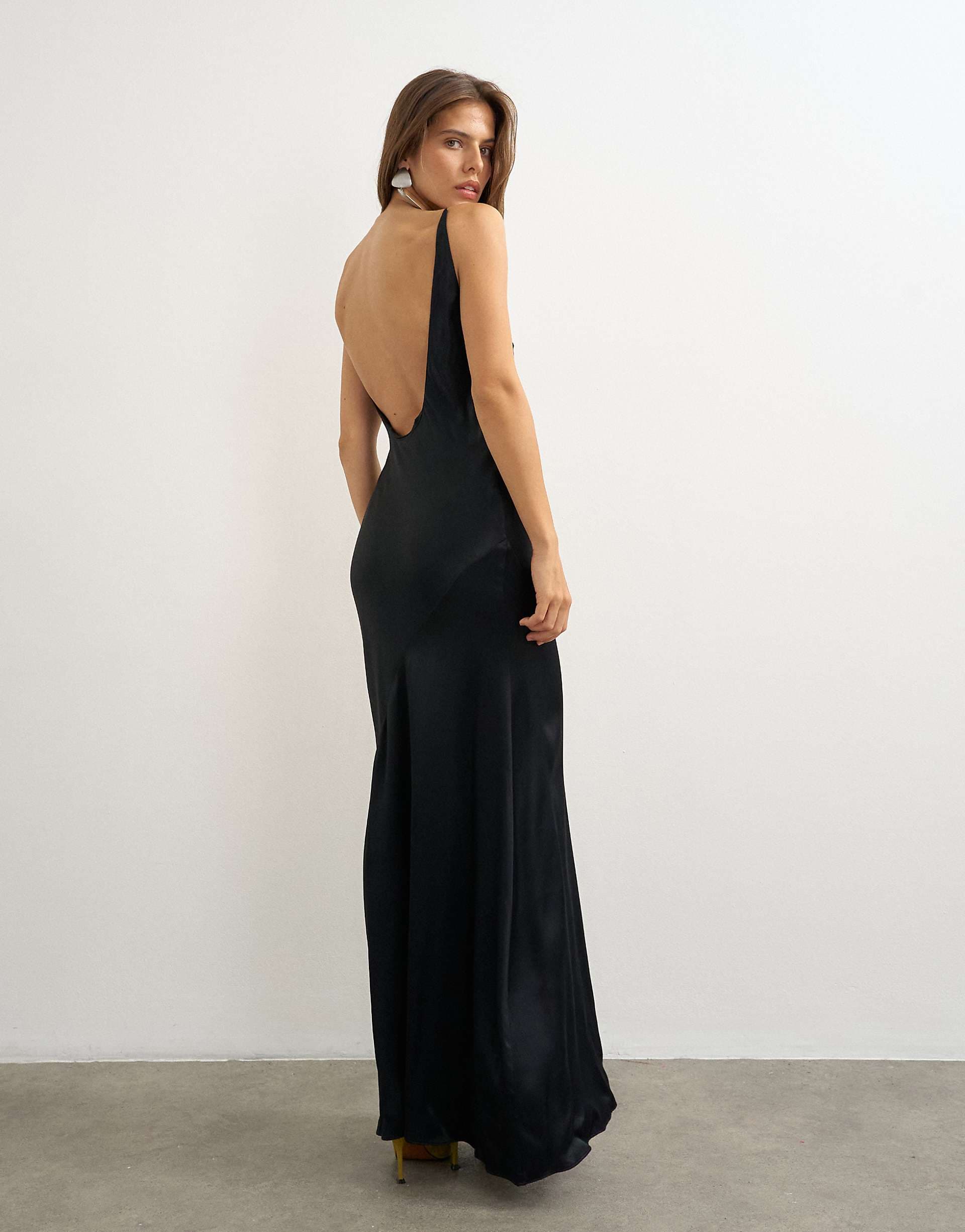 Topshop satin bias halter neck open scoop back maxi dress in black