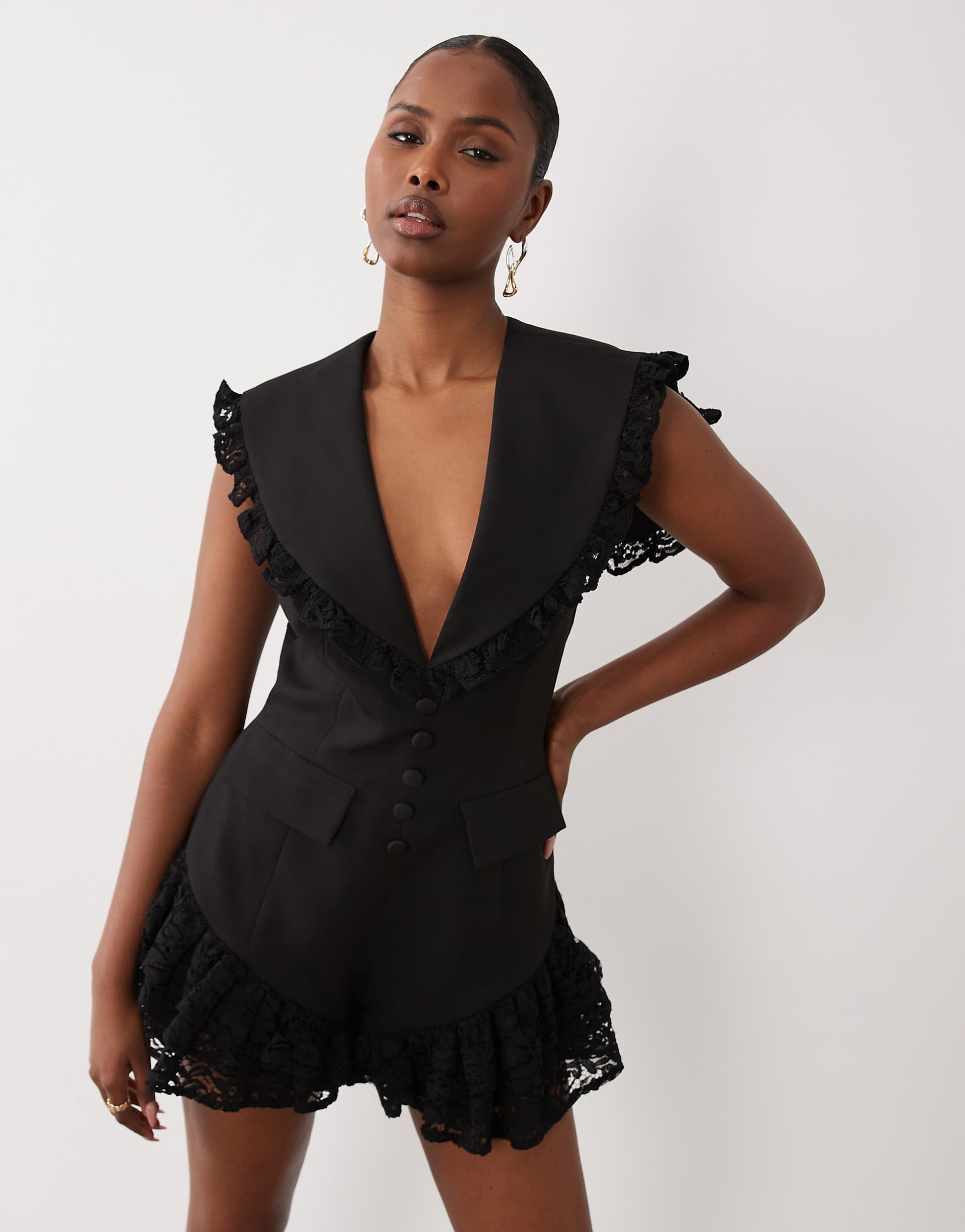 ASOS LUXE tailored romper with lace detail in black