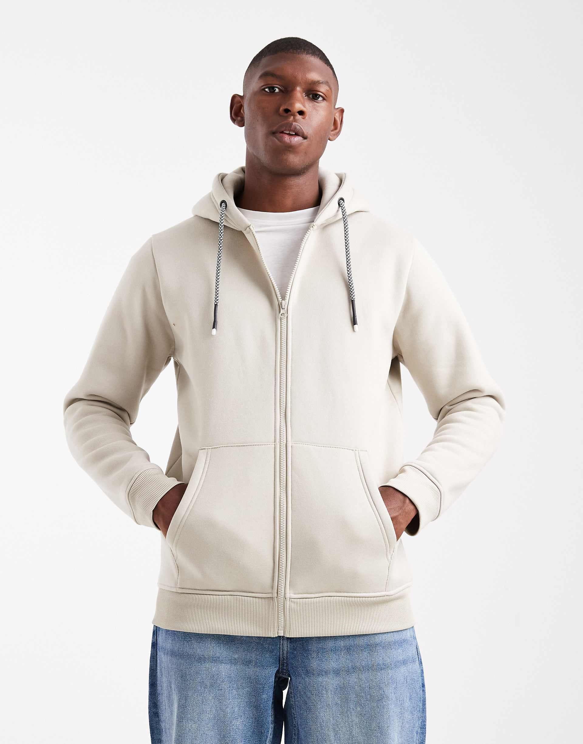 Brave Soul zip up hoodie with drawstring in stone