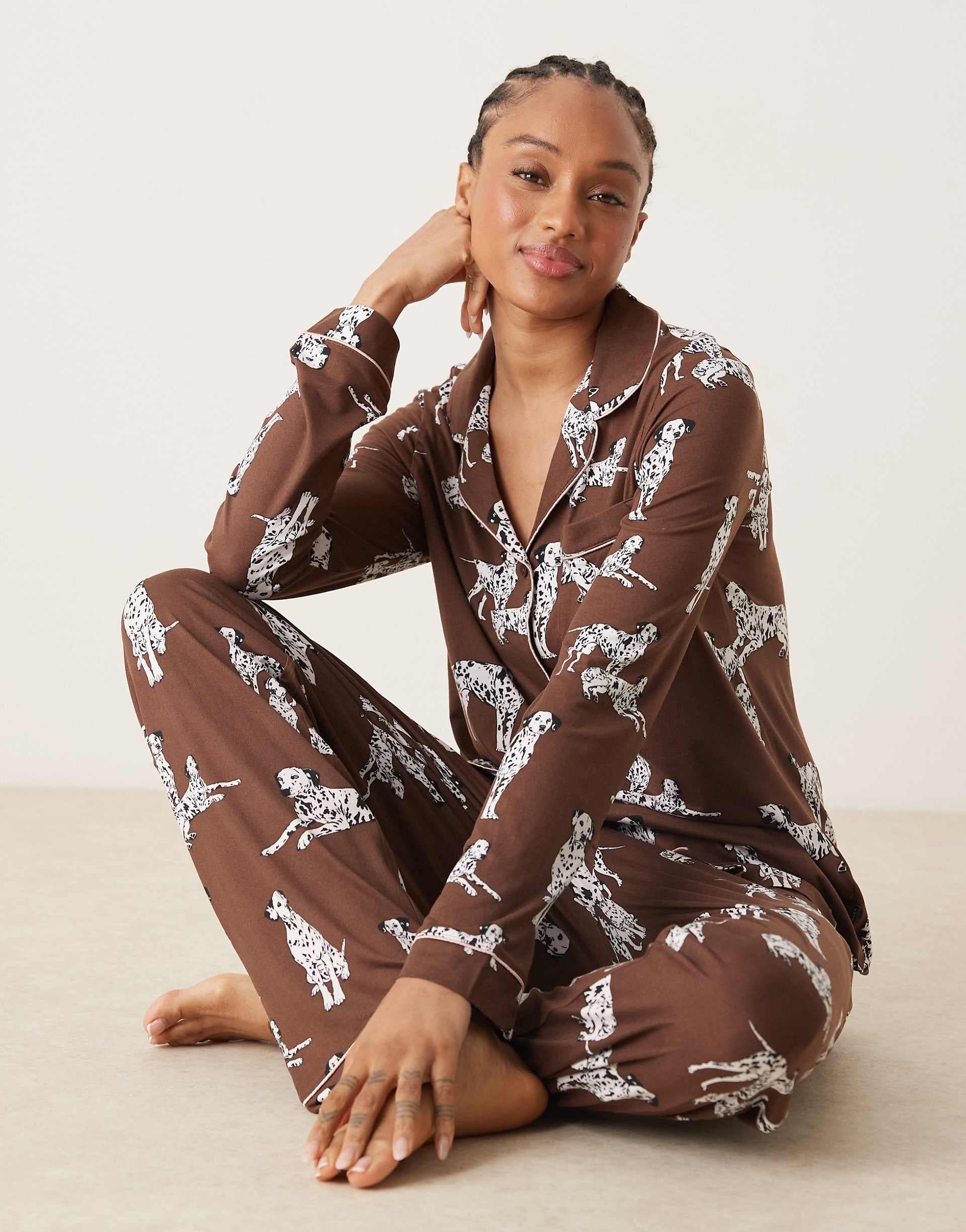 Chelsea Peers Exclusive Tall Dalmatian long sleeve camp collar shirt & pants pajama set in chocolate brown