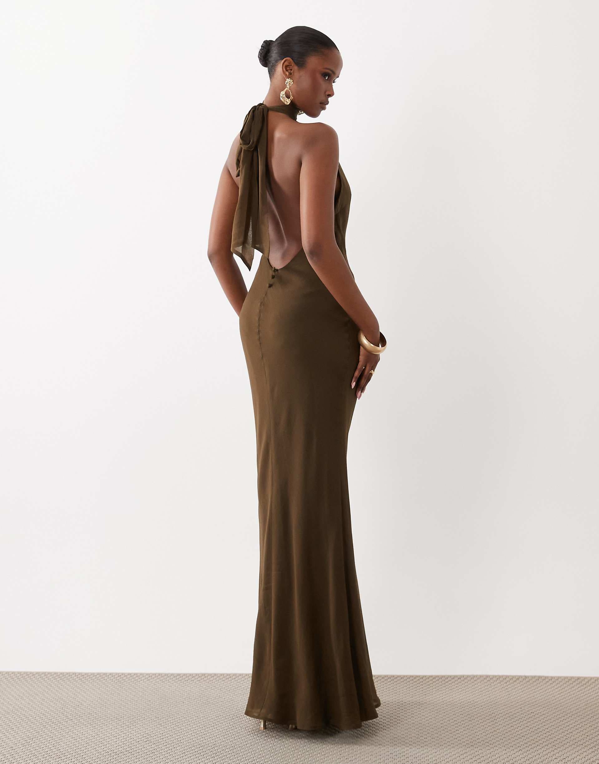 ASOS DESIGN tie halter neck maxi dress in khaki green