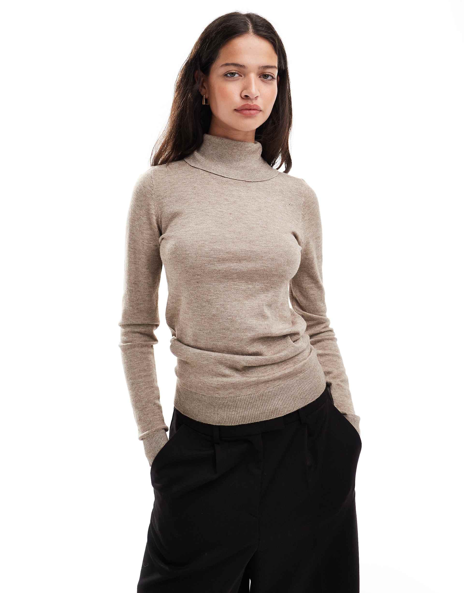 Object long sleeve roll neck knit top in desert taupe