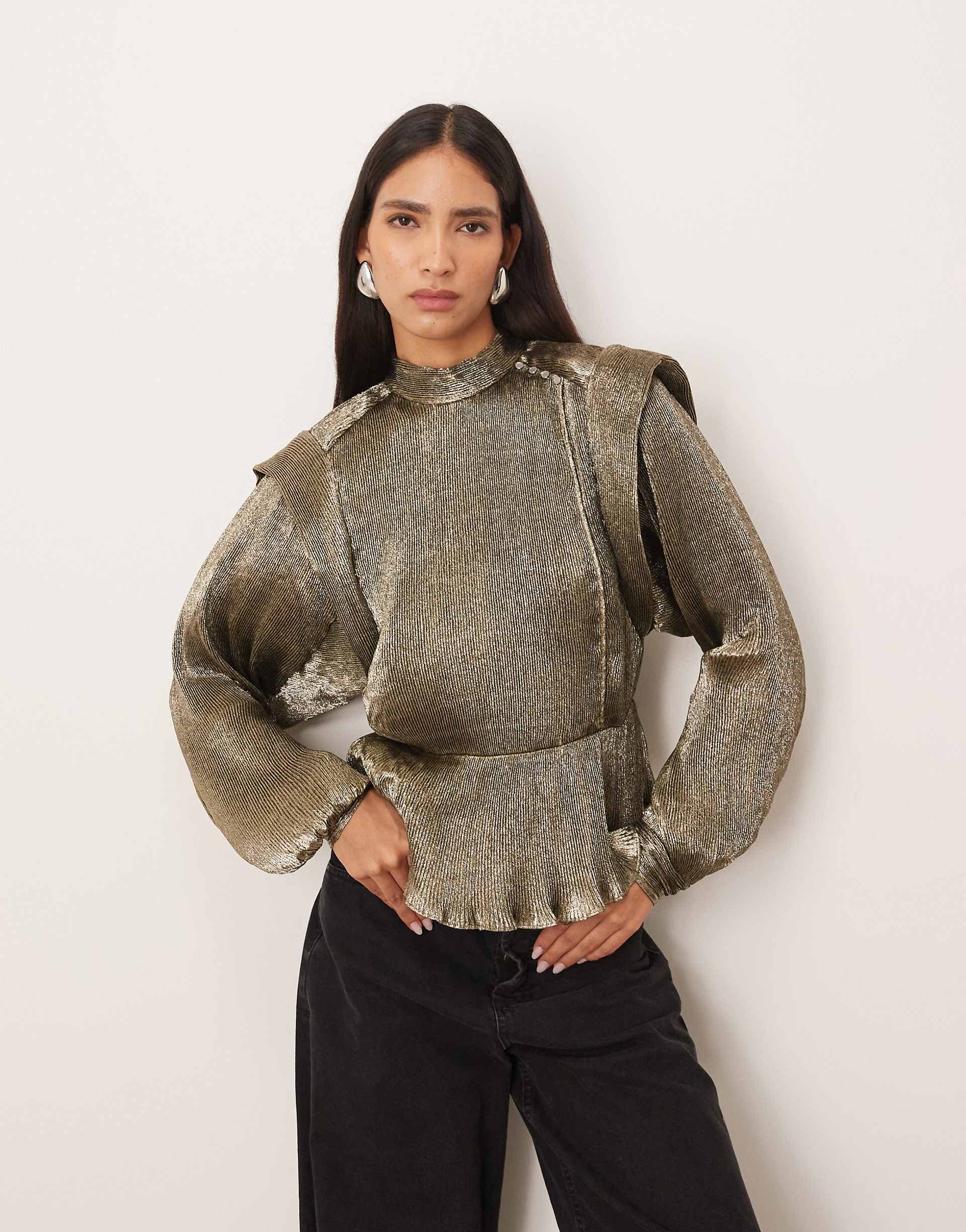 ARRANGE metallic pleat shoulder pad blouse in antique gold