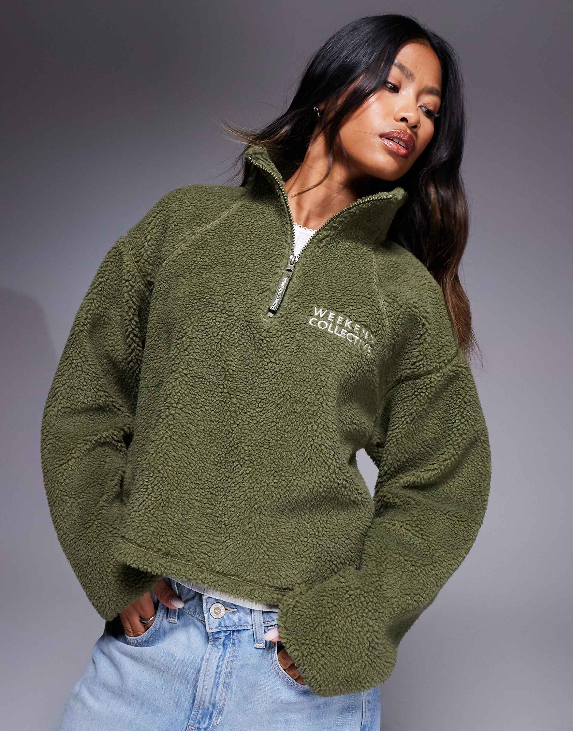 Weekend Collective borg cropped fleece in khaki